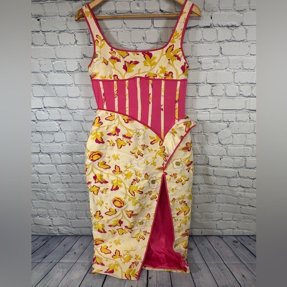 Floral Pink and Yellow Midi Dress with Contrast Panel